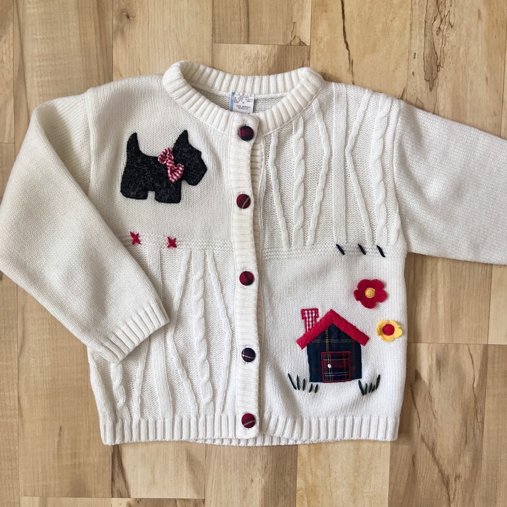 Vintage Cardigan Sweater Girl's Size 5 Cream Cable Knit Scottie Dog Plaid Preppy